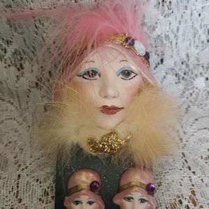 Vintage Porcelain Pink Hat Feather Lady Brooch Clip-on Earrings Demi-Parure Set